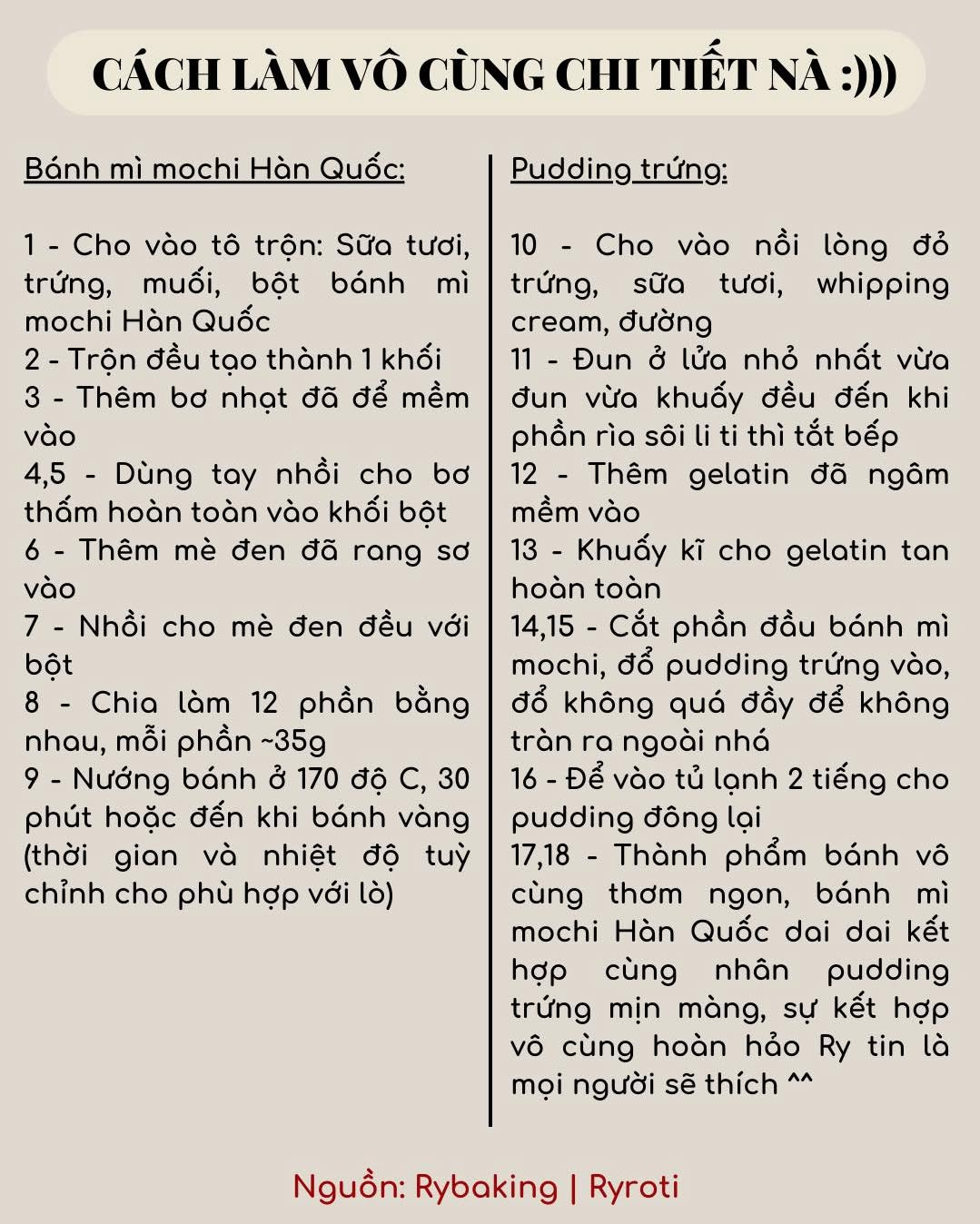 Công thức cách làm Bánh mì mochi Hàn Quốc nhân pudding CỰC KỲ CHI TIẾT