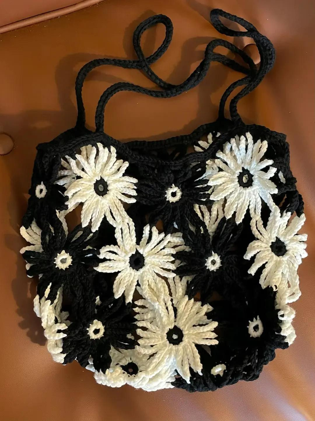 Crochet Bag with Black and White Floral Patterns