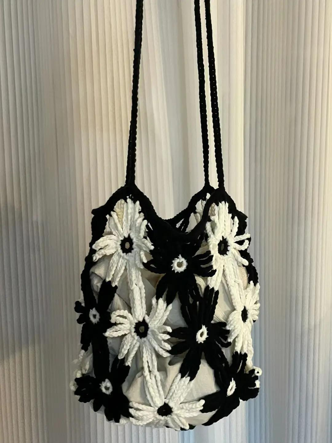 Crochet Bag with Black and White Floral Patterns