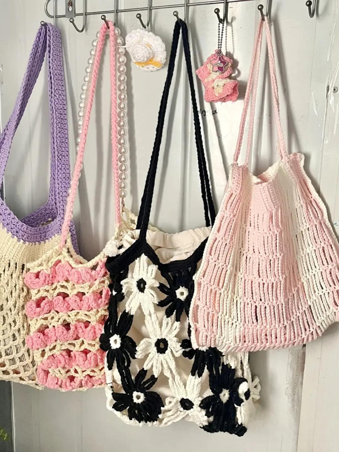 Crochet Bag with Black and White Floral Patterns