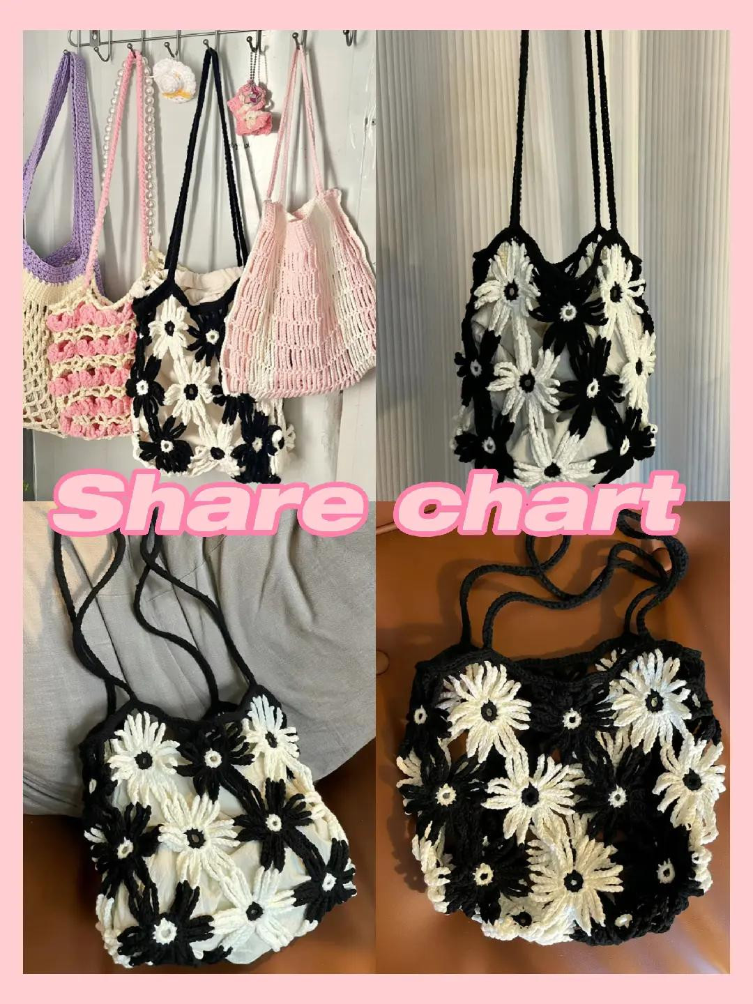 Crochet Bag with Black and White Floral Patterns