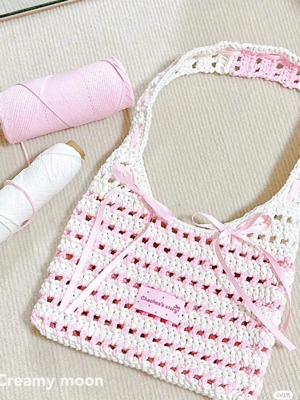 Crochet Bag with Pink and White Yarn and Ribbon Details