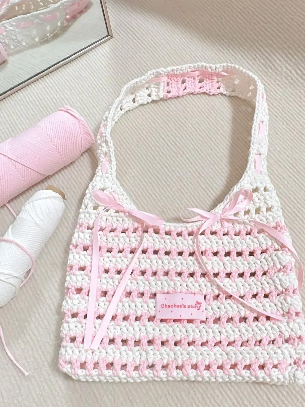 Crochet Bag with Pink and White Yarn and Ribbon Details