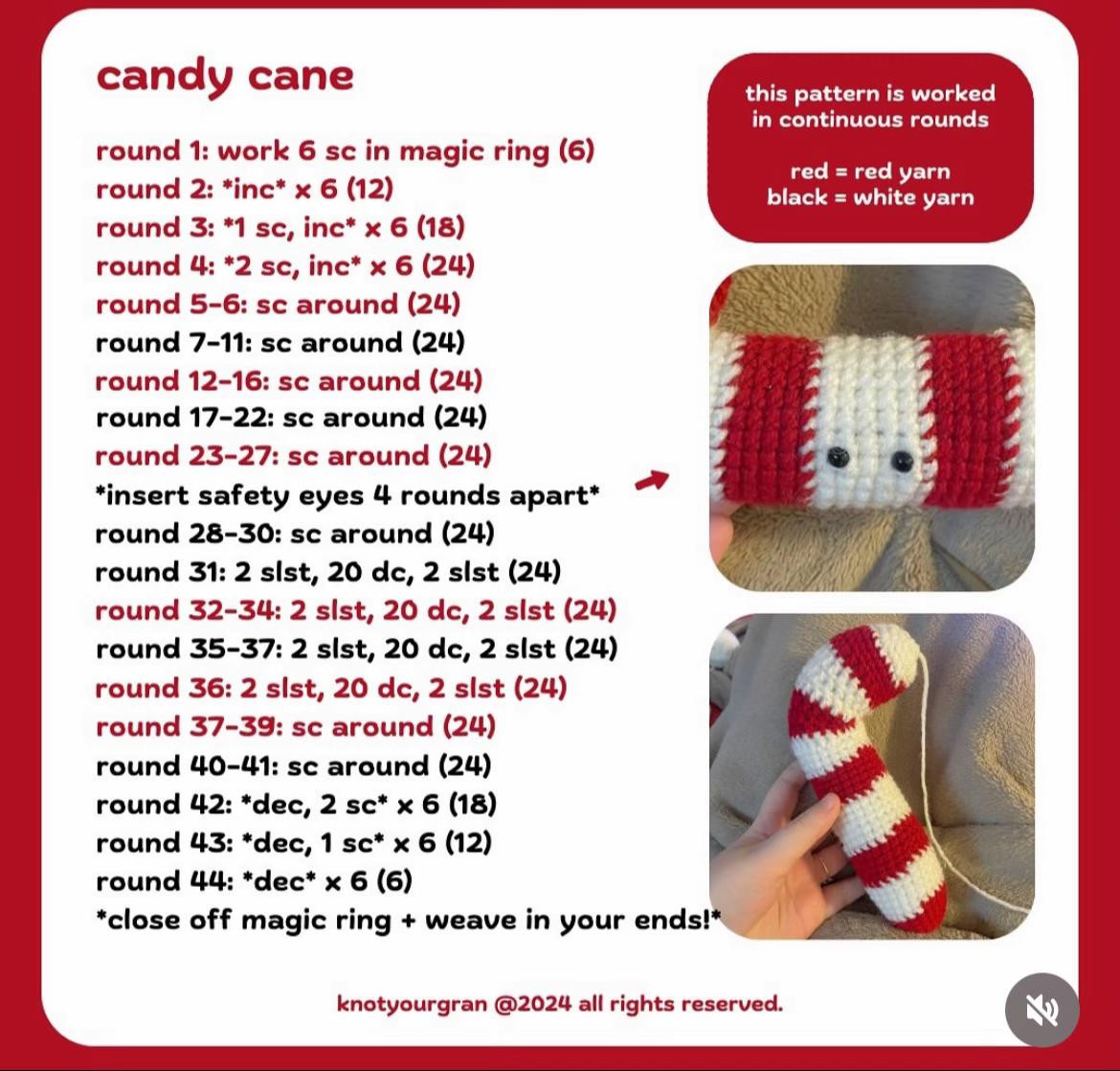 Crochet Candy Cane Pattern with Cute Smiley Face