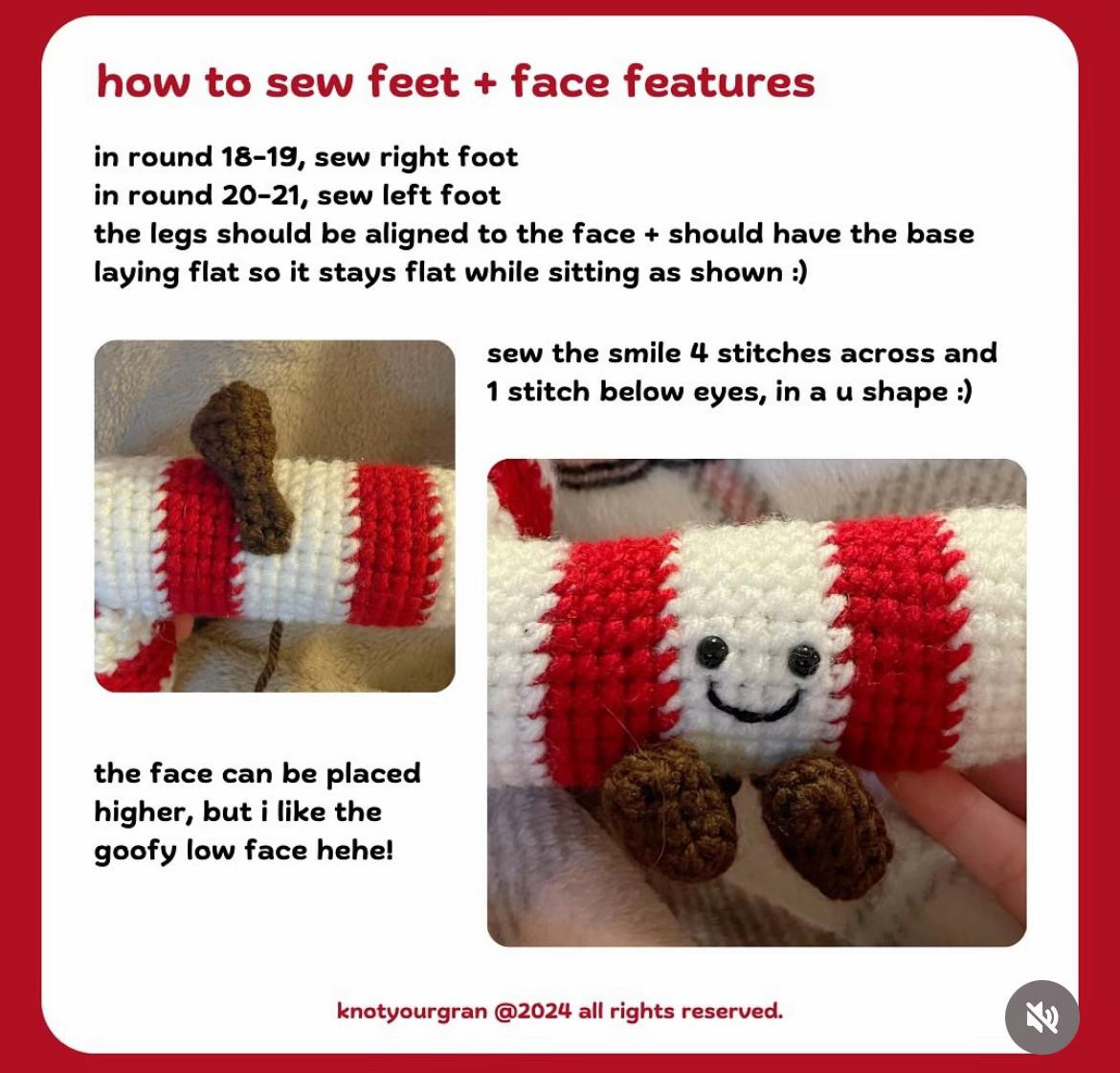 Crochet Candy Cane Pattern with Cute Smiley Face