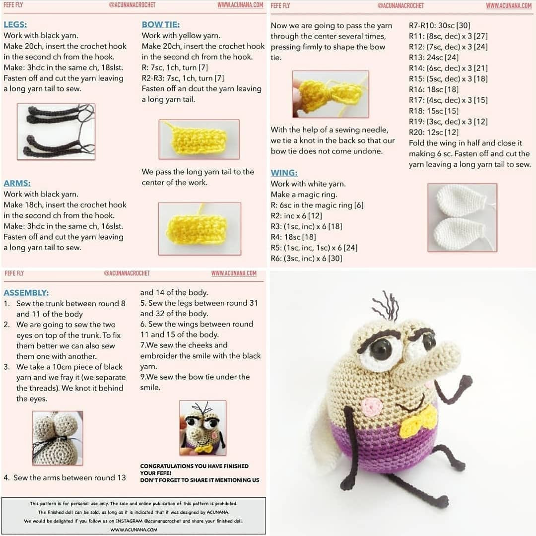 Crochet Cute Cartoon Character with Bowtie Free Pattern