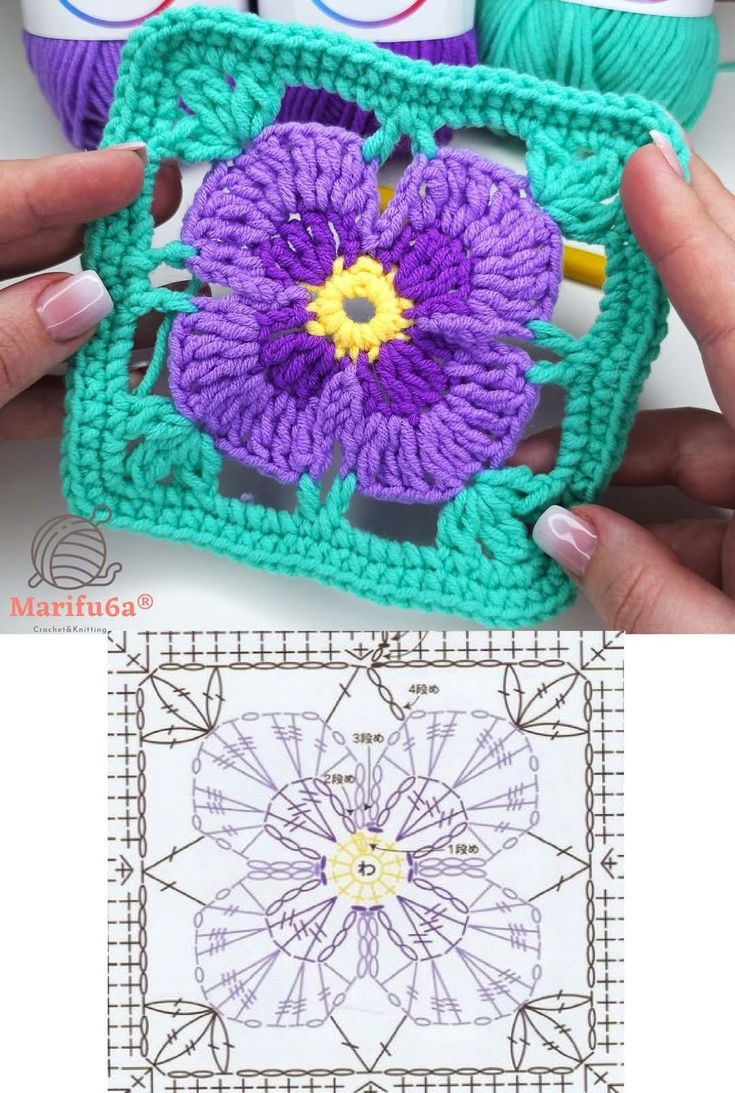 Crochet Flower Square Pattern with Detailed Stitch Diagram