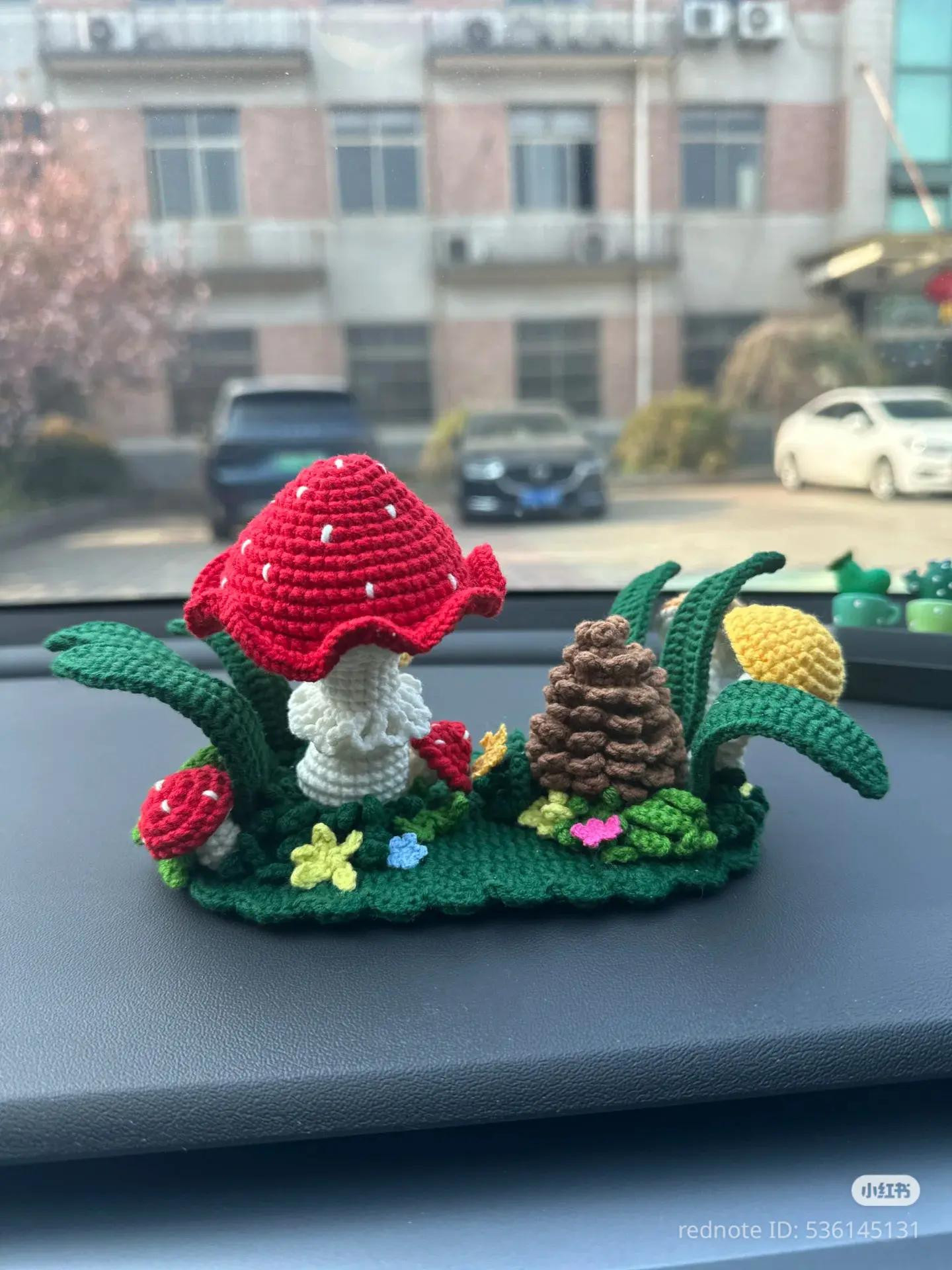 Crochet Forest Scene with Mushrooms and Pine Cones