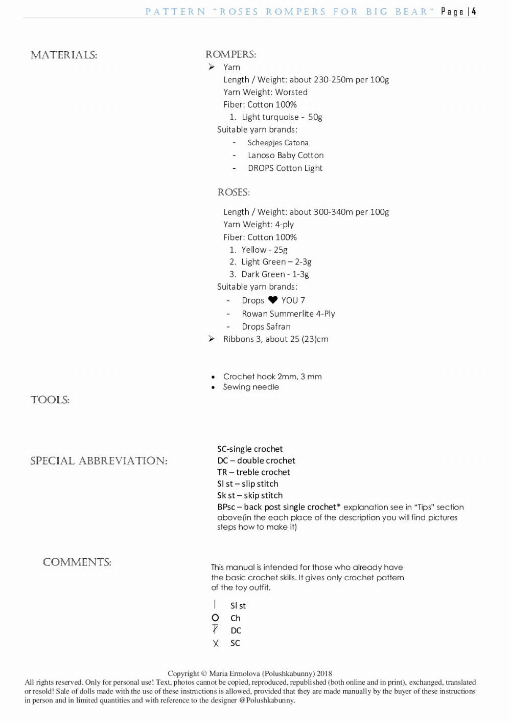 Crochet Pattern for Bear Rompers and Headband with Roses