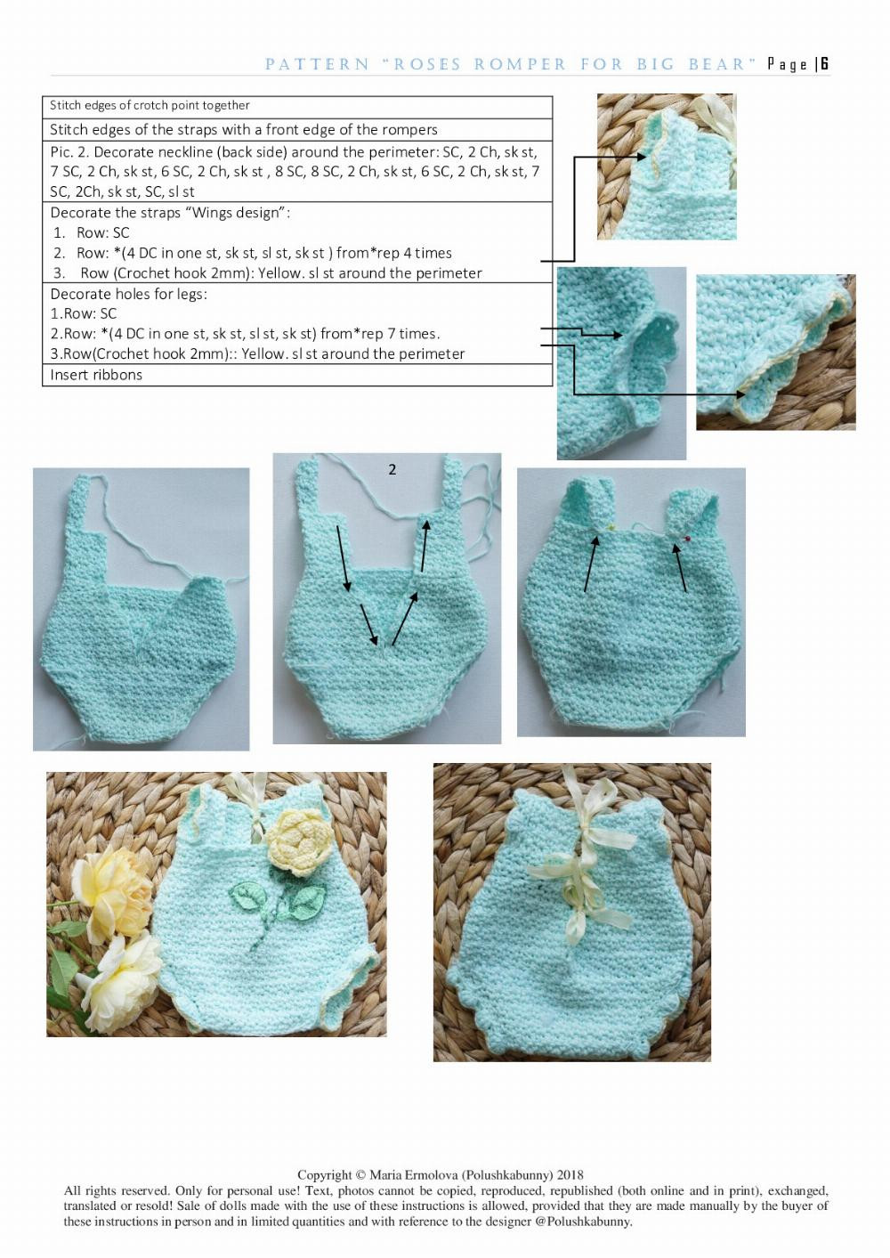 Crochet Pattern for Bear Rompers and Headband with Roses