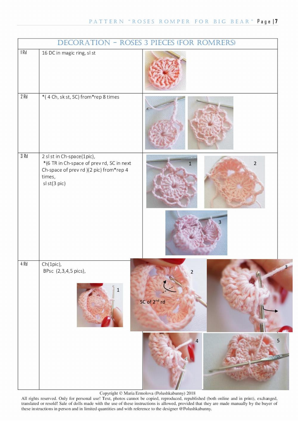 Crochet Pattern for Bear Rompers and Headband with Roses