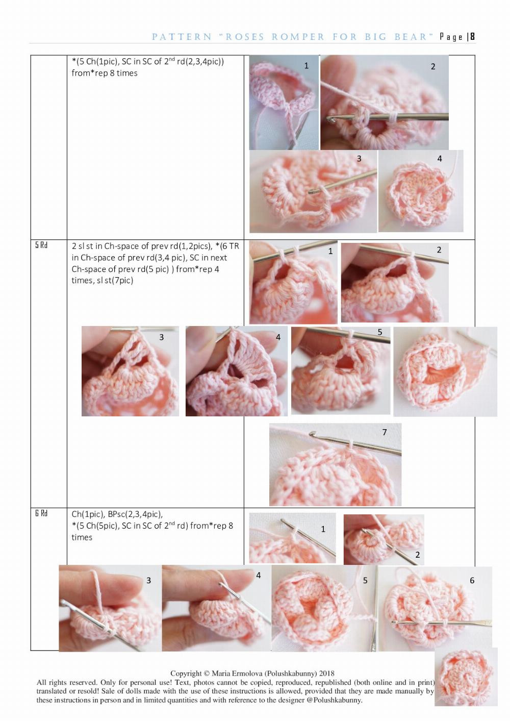 Crochet Pattern for Bear Rompers and Headband with Roses