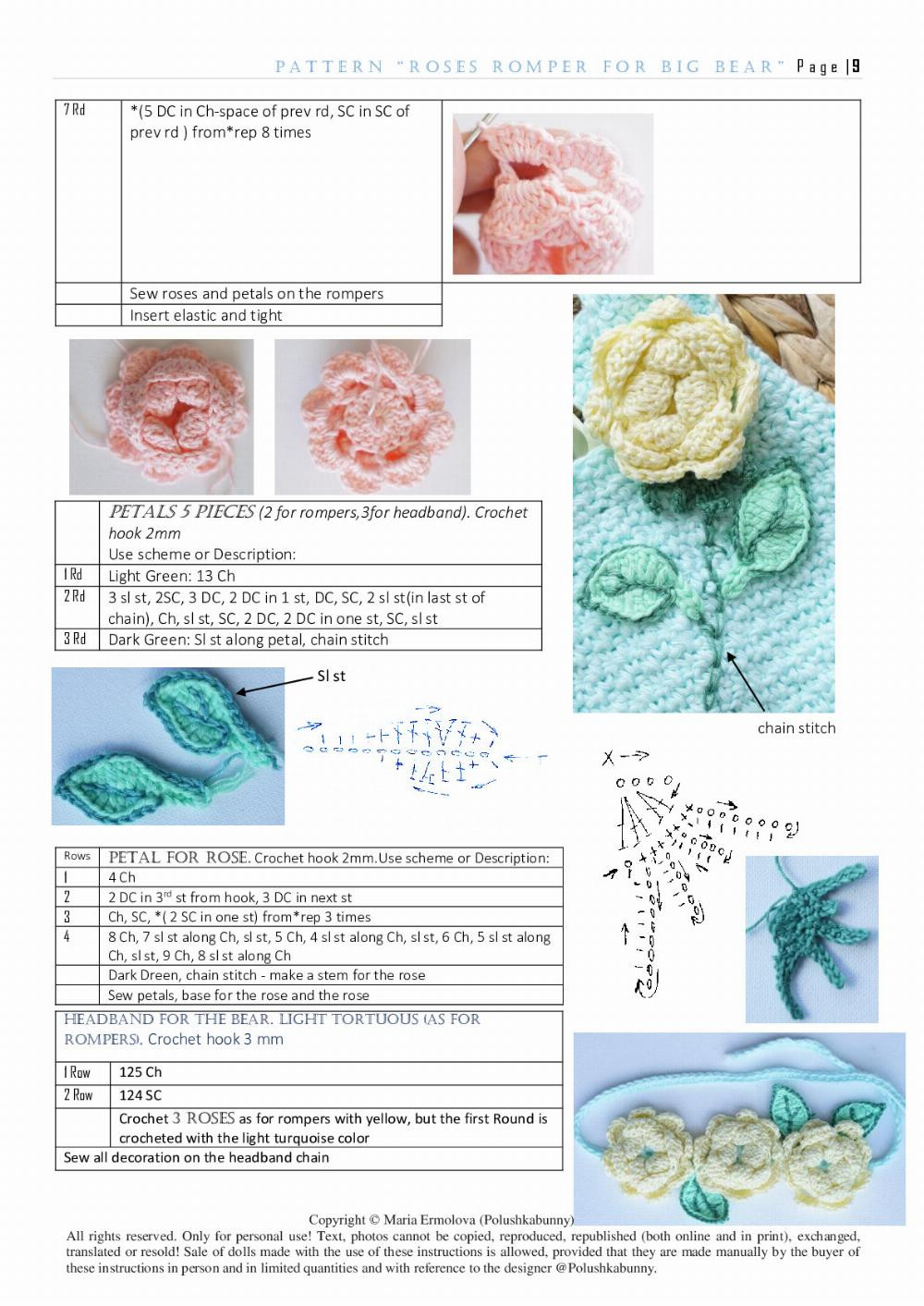 Crochet Pattern for Bear Rompers and Headband with Roses