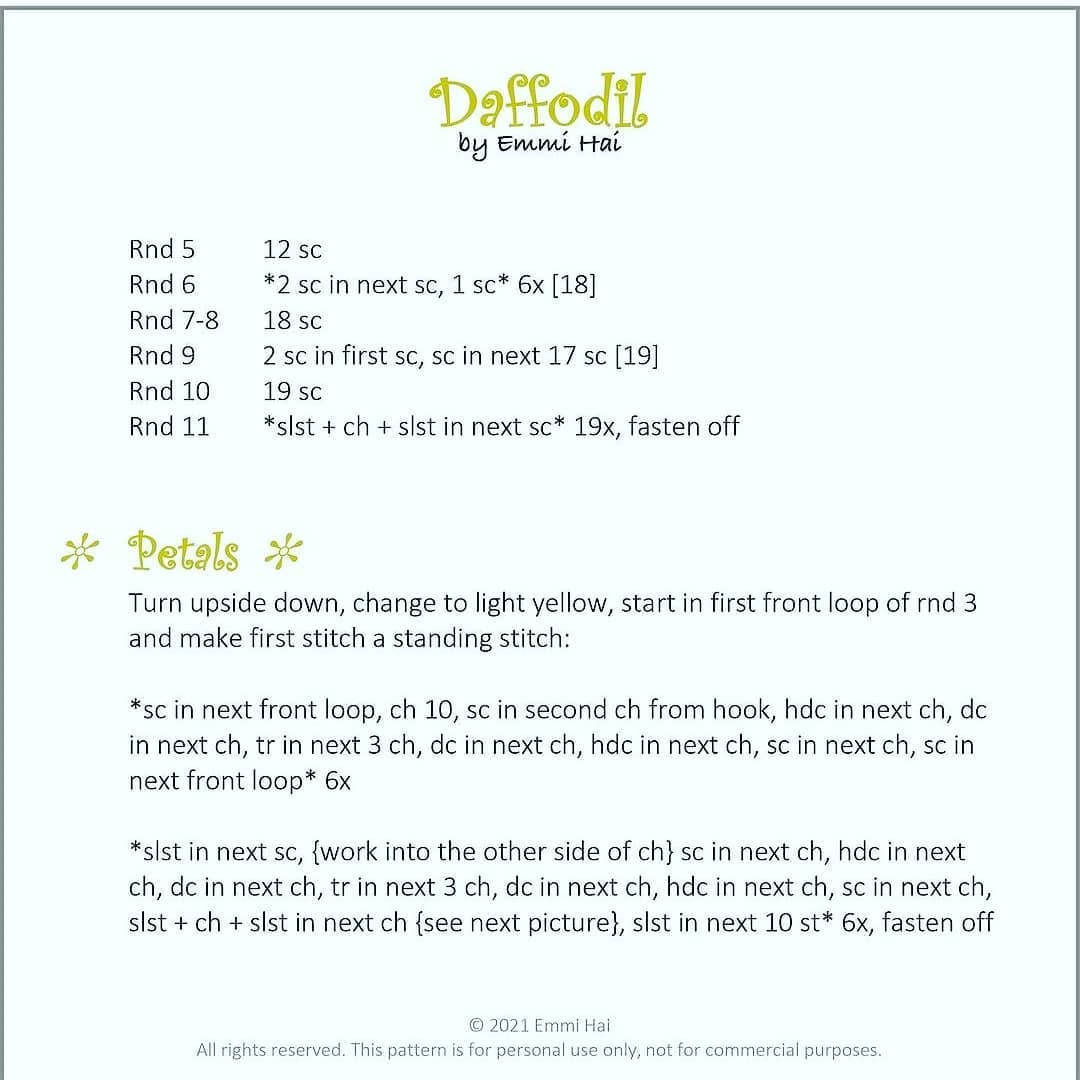 Crochet Pattern for Beautiful Yellow Daffodil Flower