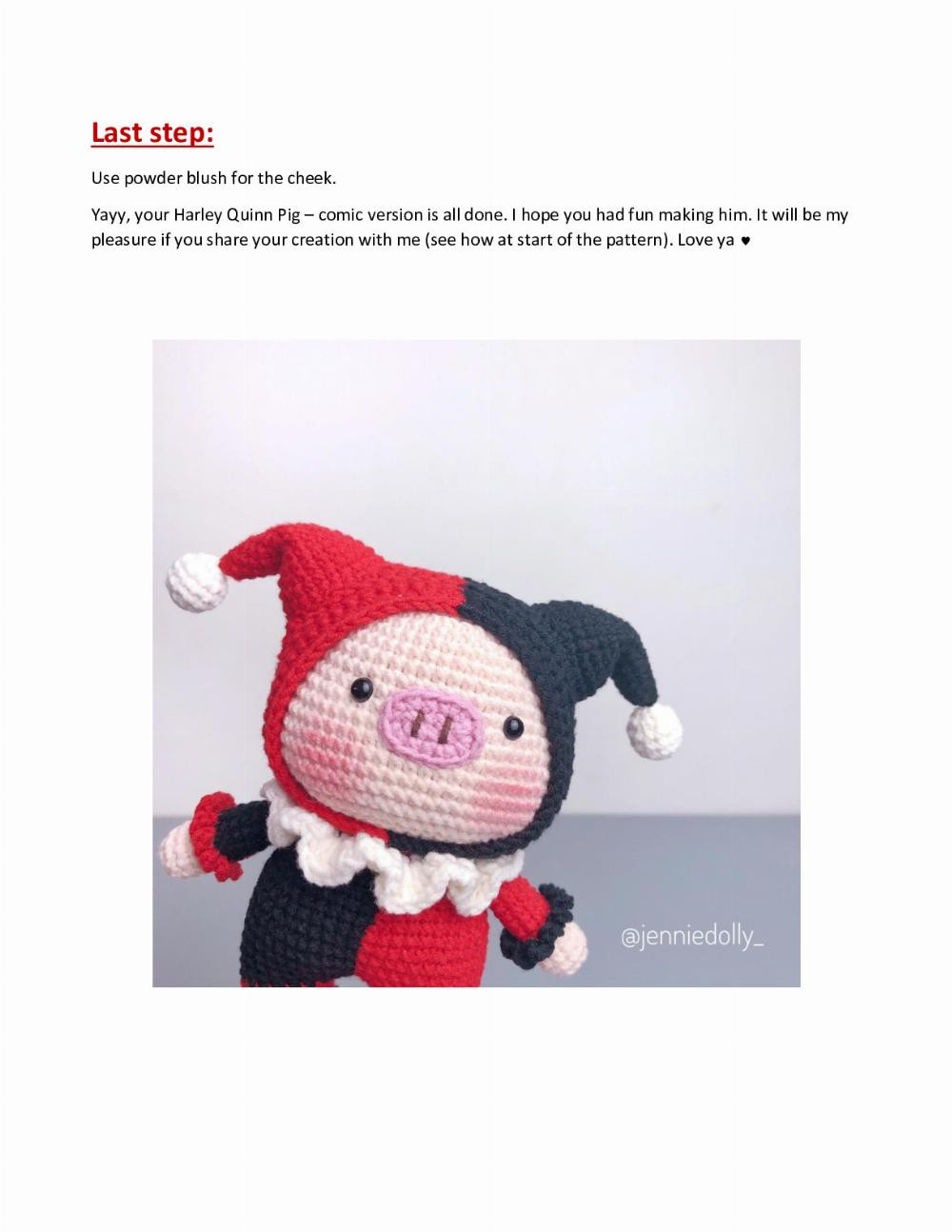 Crochet Pattern for Harley Quinn Pig Plush Toy