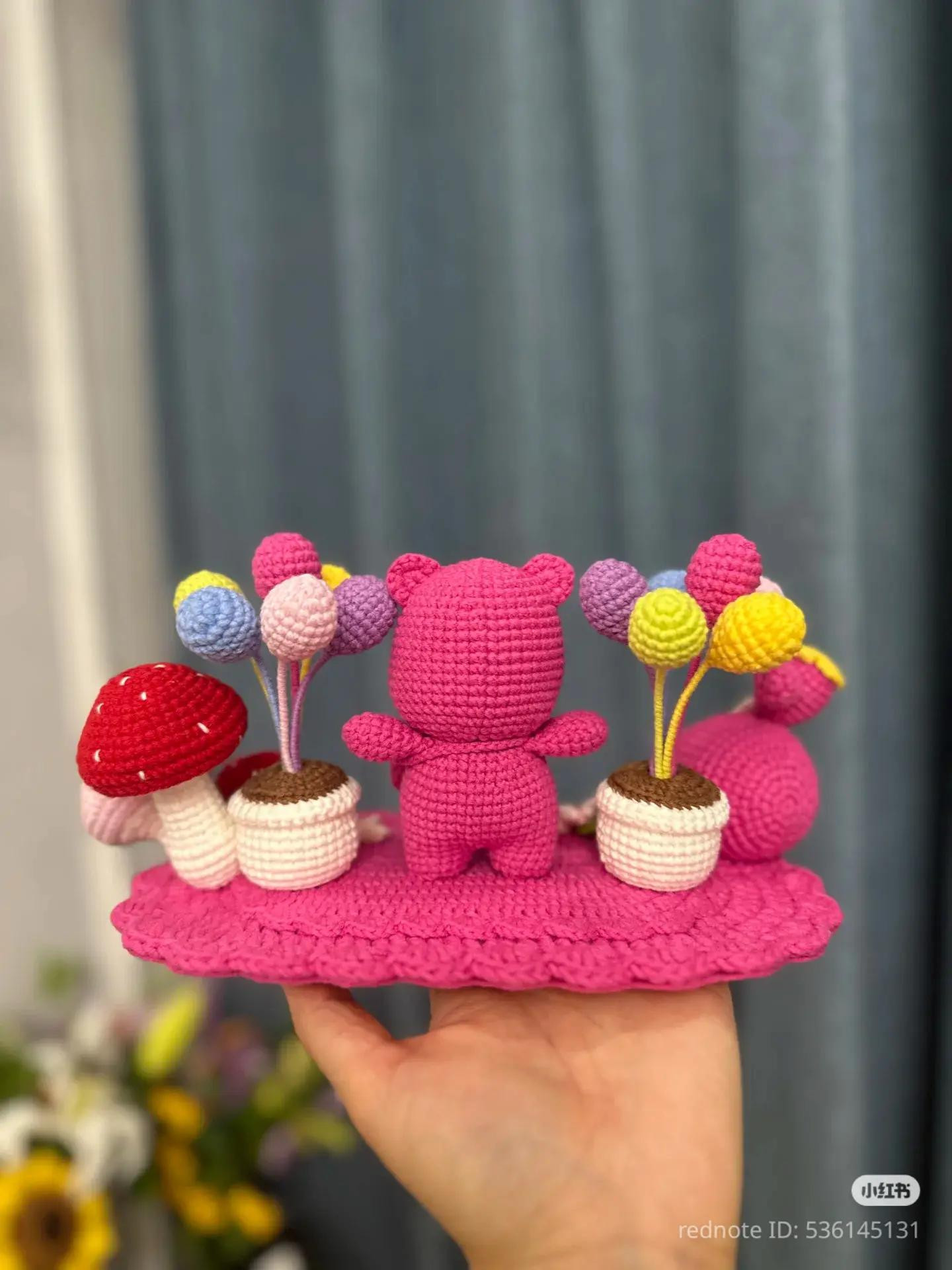 Cute Crochet Bear with Colorful Balloons and Flowers