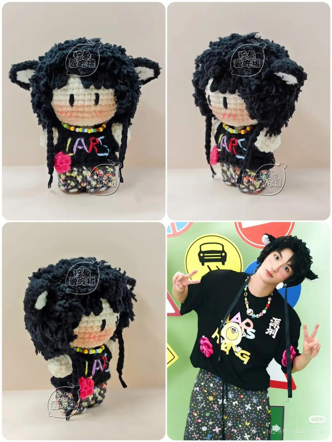 Cute Crochet Doll with Black Fluffy Cat Ears Hat
