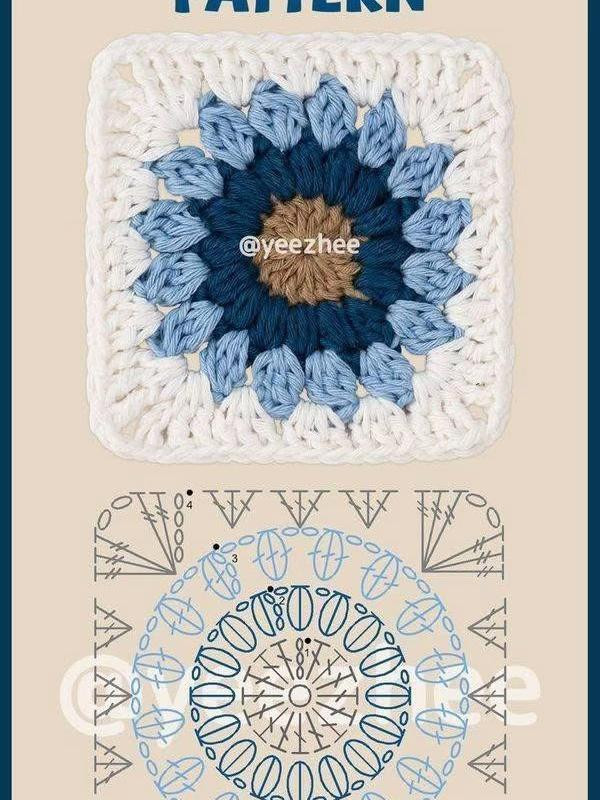 Floral Granny Square Crochet Pattern with Green and White Highlights