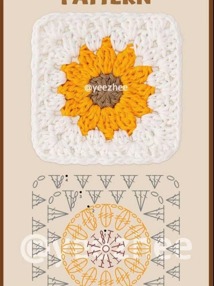 Floral Granny Square Crochet Pattern with Green and White Highlights