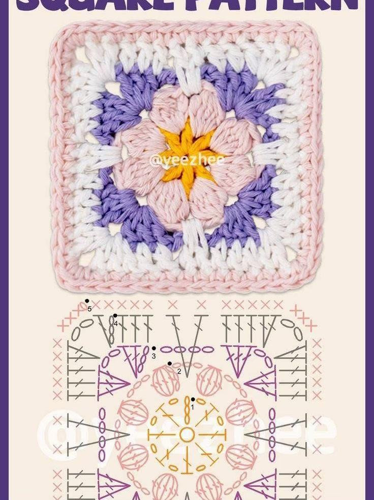 Floral Granny Square Crochet Pattern with Green and White Highlights