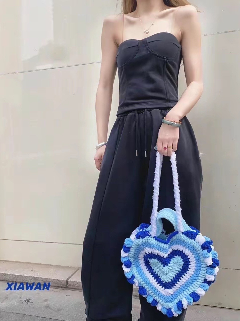 Heart-Shaped Crochet Bag with Pink and White Design