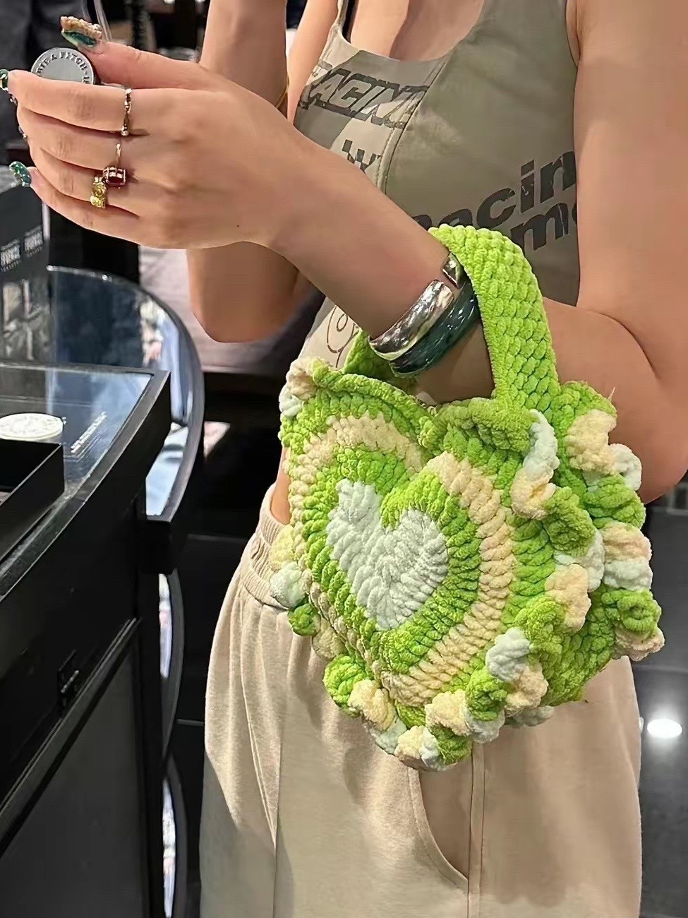 Heart-Shaped Crochet Bag with Pink and White Design