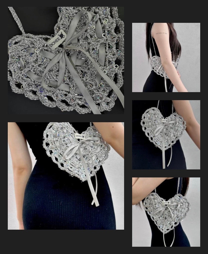 Heart-Shaped Crochet Bag with Ribbon Detail