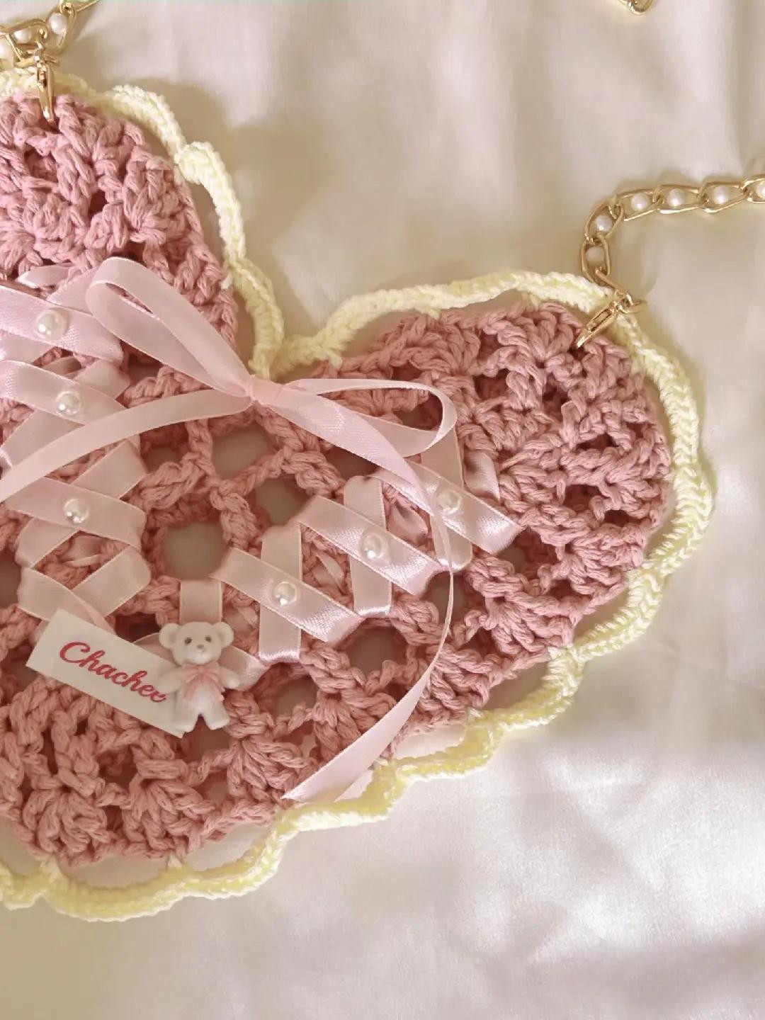 Heart Shaped Lace Crochet Bag with Pink Ribbon and Chain Strap