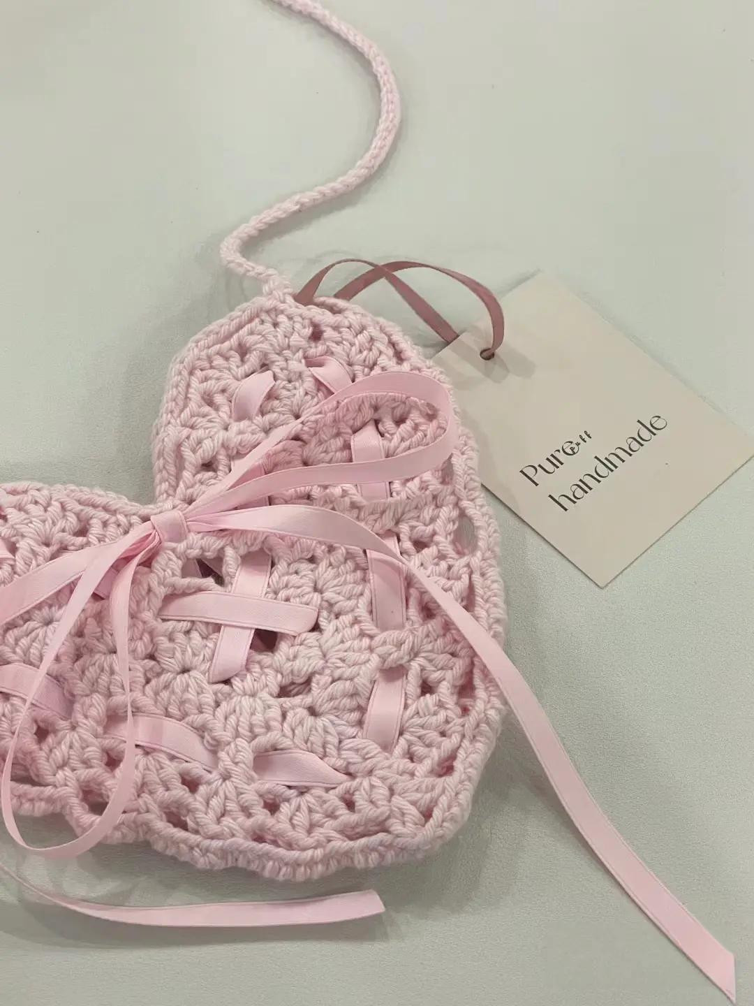 Heart Shaped Lace Crochet Bag with Pink Ribbon and Chain Strap