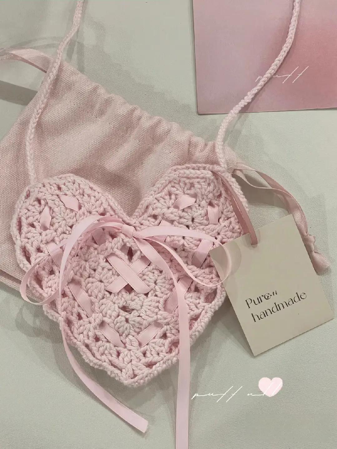 Heart Shaped Lace Crochet Bag with Pink Ribbon and Chain Strap