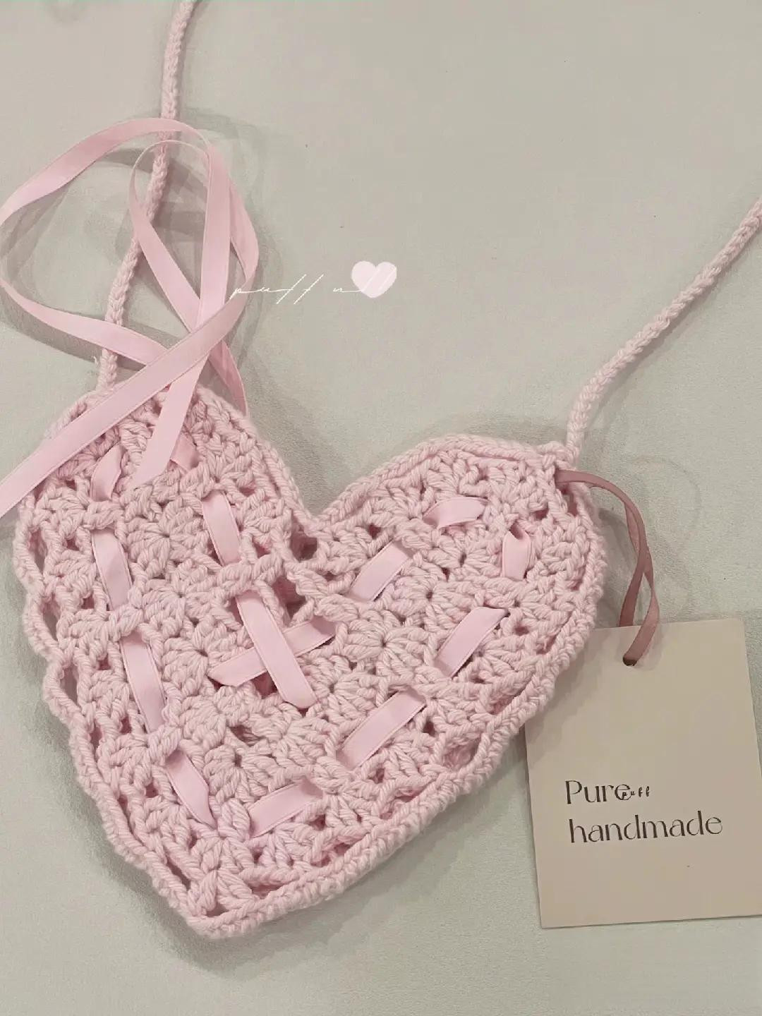 Heart Shaped Lace Crochet Bag with Pink Ribbon and Chain Strap