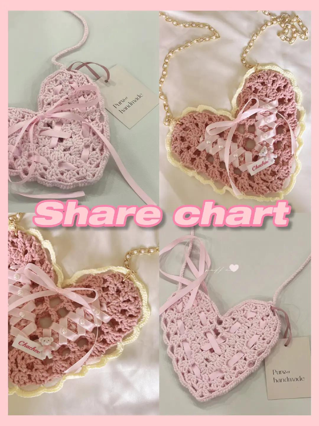 Heart Shaped Lace Crochet Bag with Pink Ribbon and Chain Strap