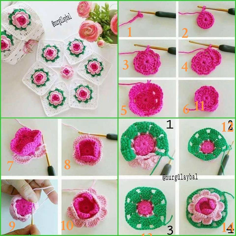 Hướng dẫn chi tiết móc hoa hồng nổi giữa ô vuông đẹp