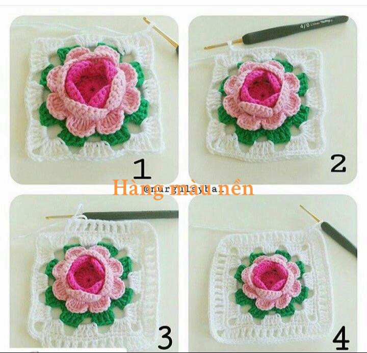 Hướng dẫn chi tiết móc hoa hồng nổi giữa ô vuông đẹp