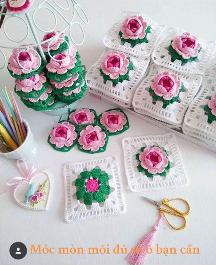 Hướng dẫn chi tiết móc hoa hồng nổi giữa ô vuông đẹp