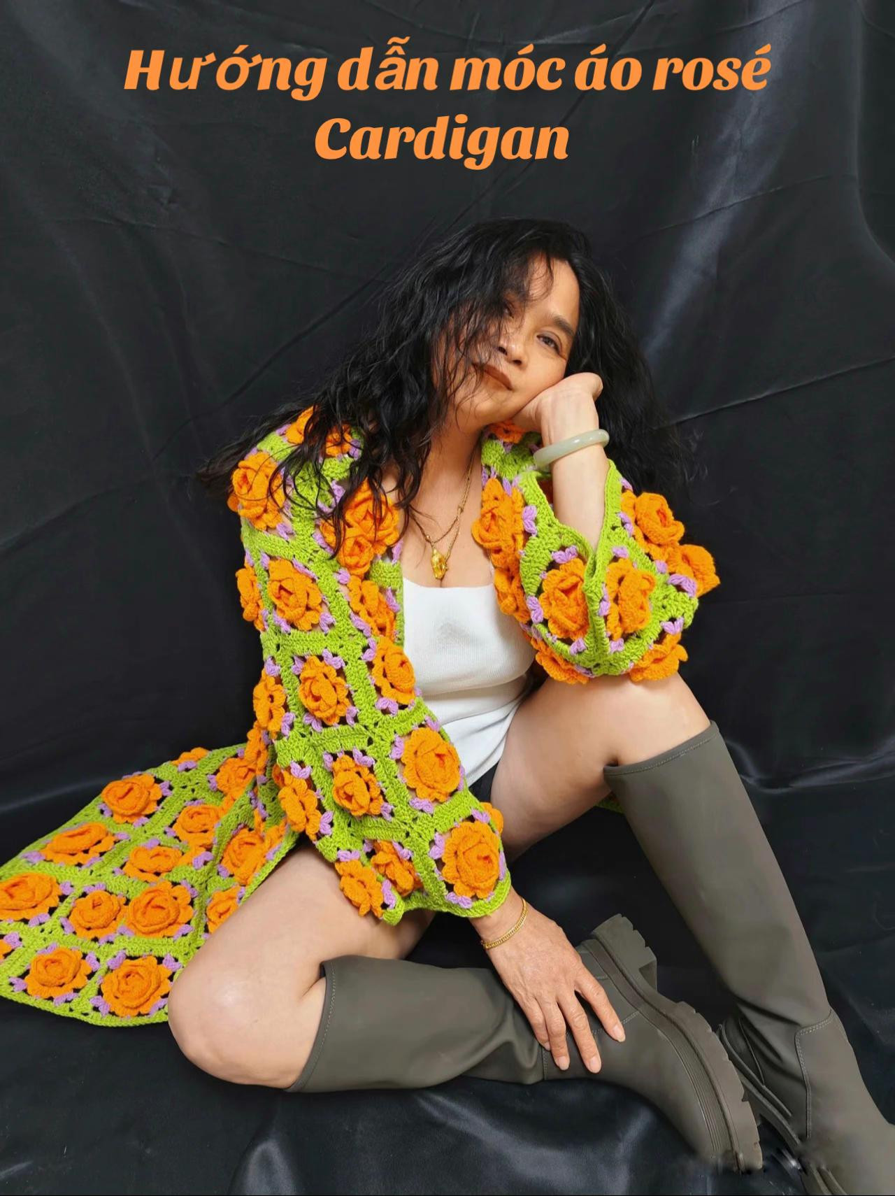 Hướng dẫn chi tiết móc hoa hồng nổi giữa ô vuông đẹp