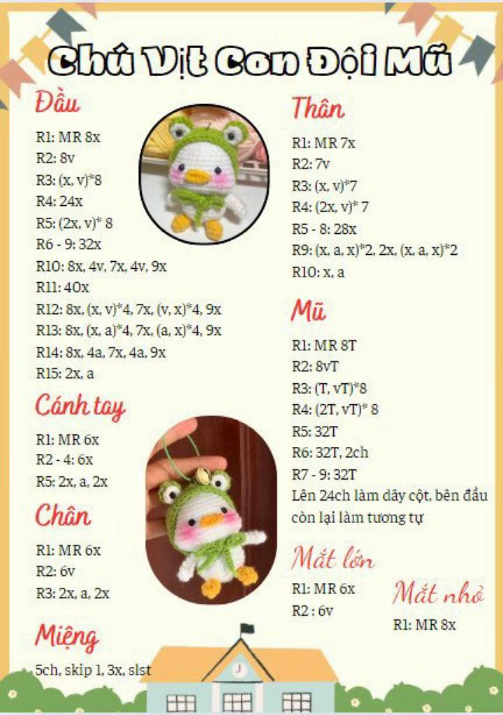 Hướng dẫn móc len amigurumi: Chú vịt con đội mũ đáng yêu