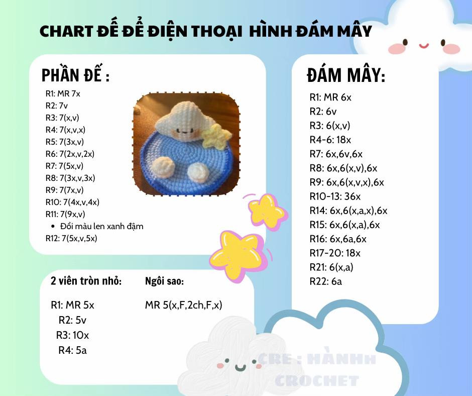 Hướng dẫn móc len đế điện thoại hình đám mây dễ thương và sinh động