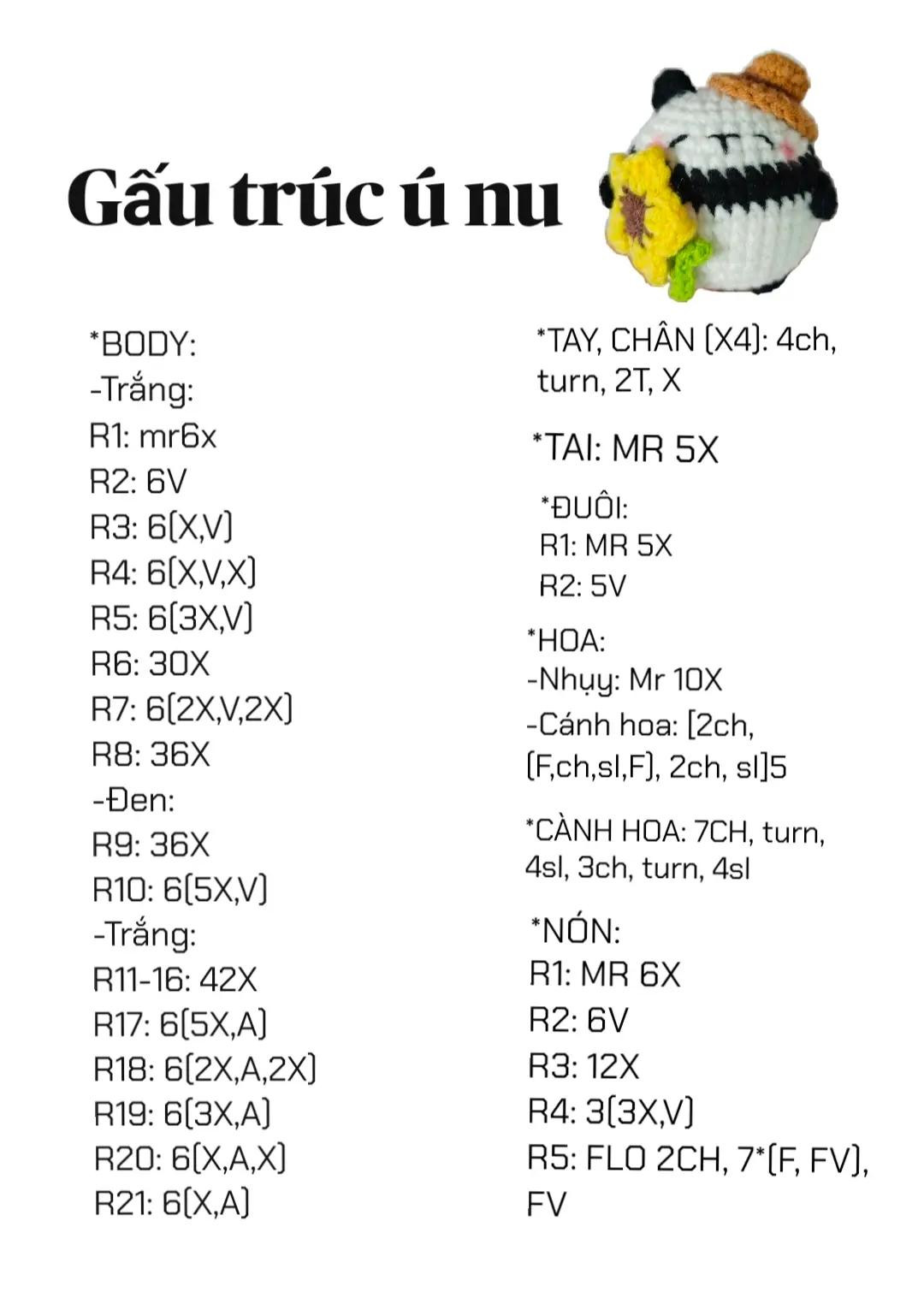 Hướng dẫn móc len hình gấu trúc đội mũ cầm hoa hướng dương