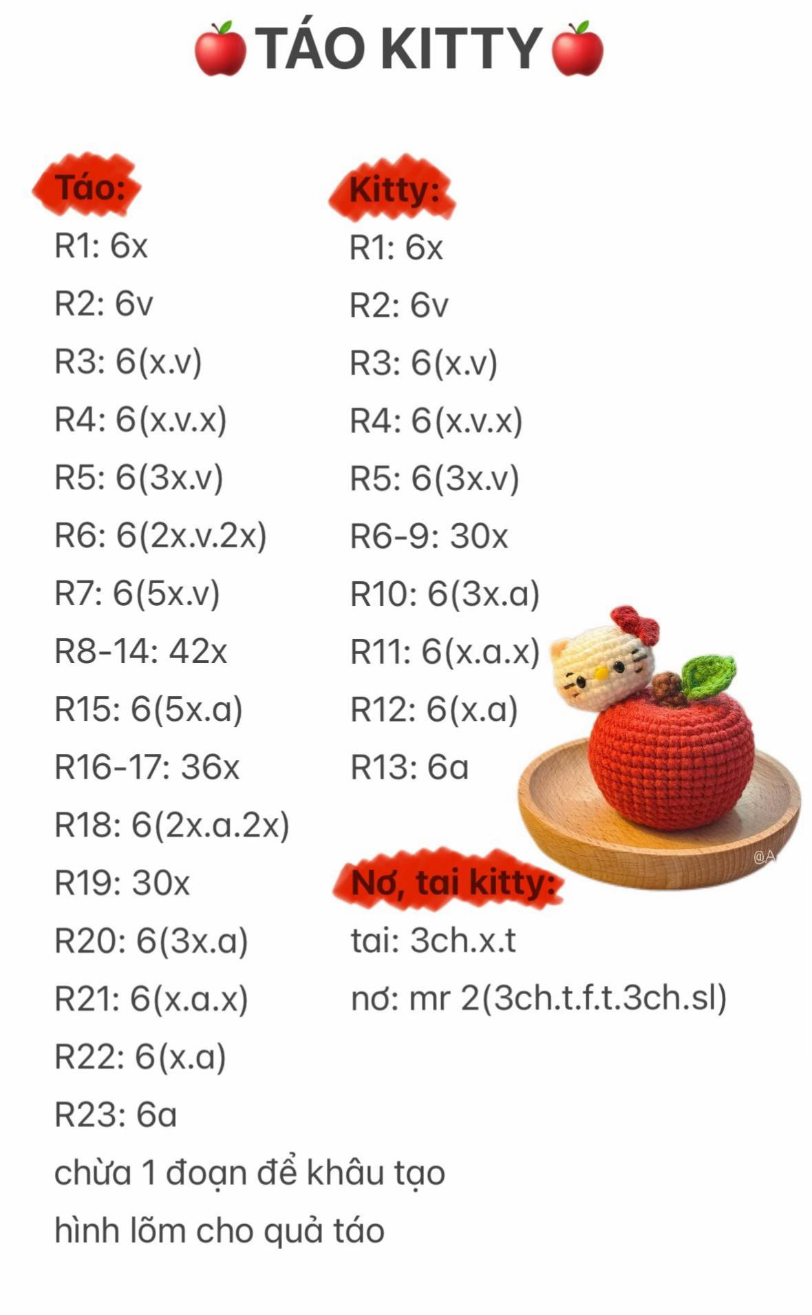 Hướng dẫn móc len hình táo Kitty đơn giản dễ hiểu