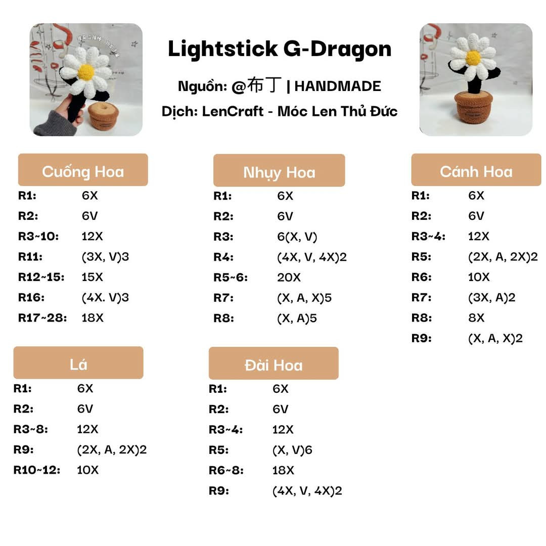 Hướng dẫn móc len lightstick G-Dragon hình hoa cúc dễ thương