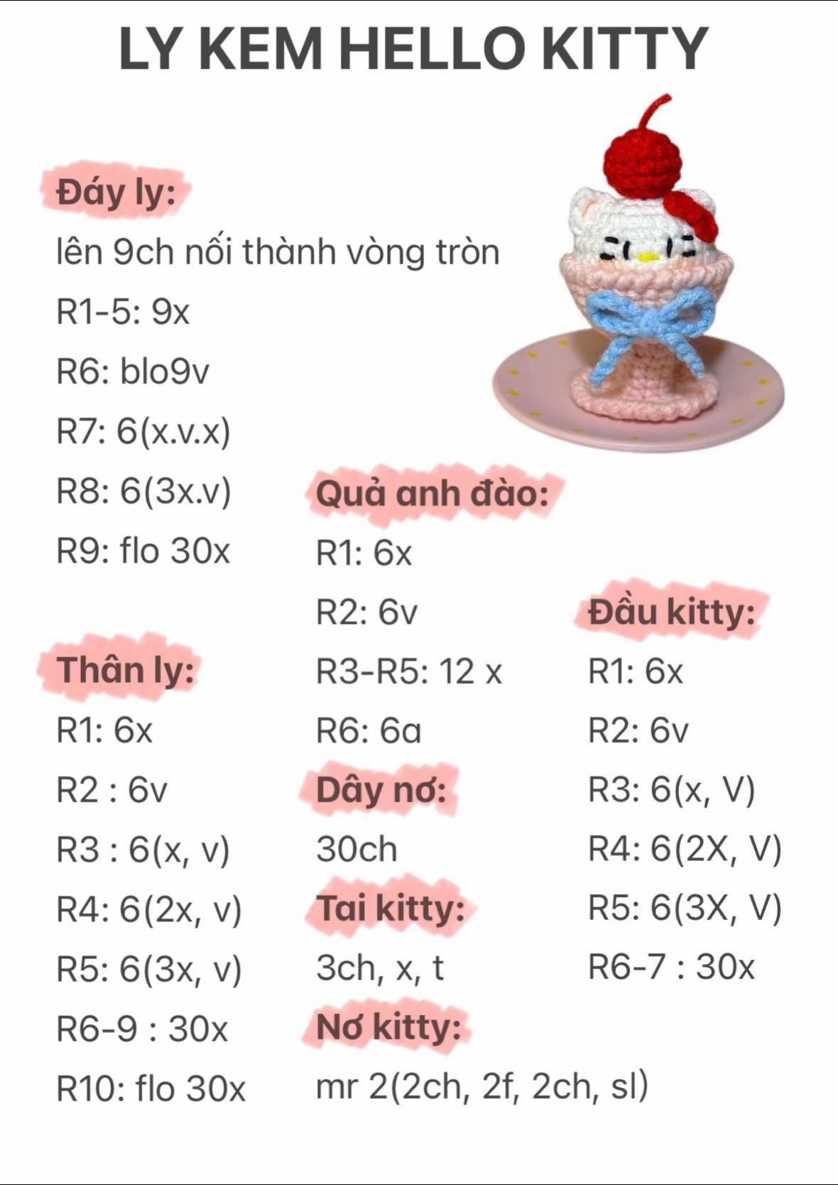 Hướng dẫn móc len ly kem Hello Kitty đáng yêu và dễ thương
