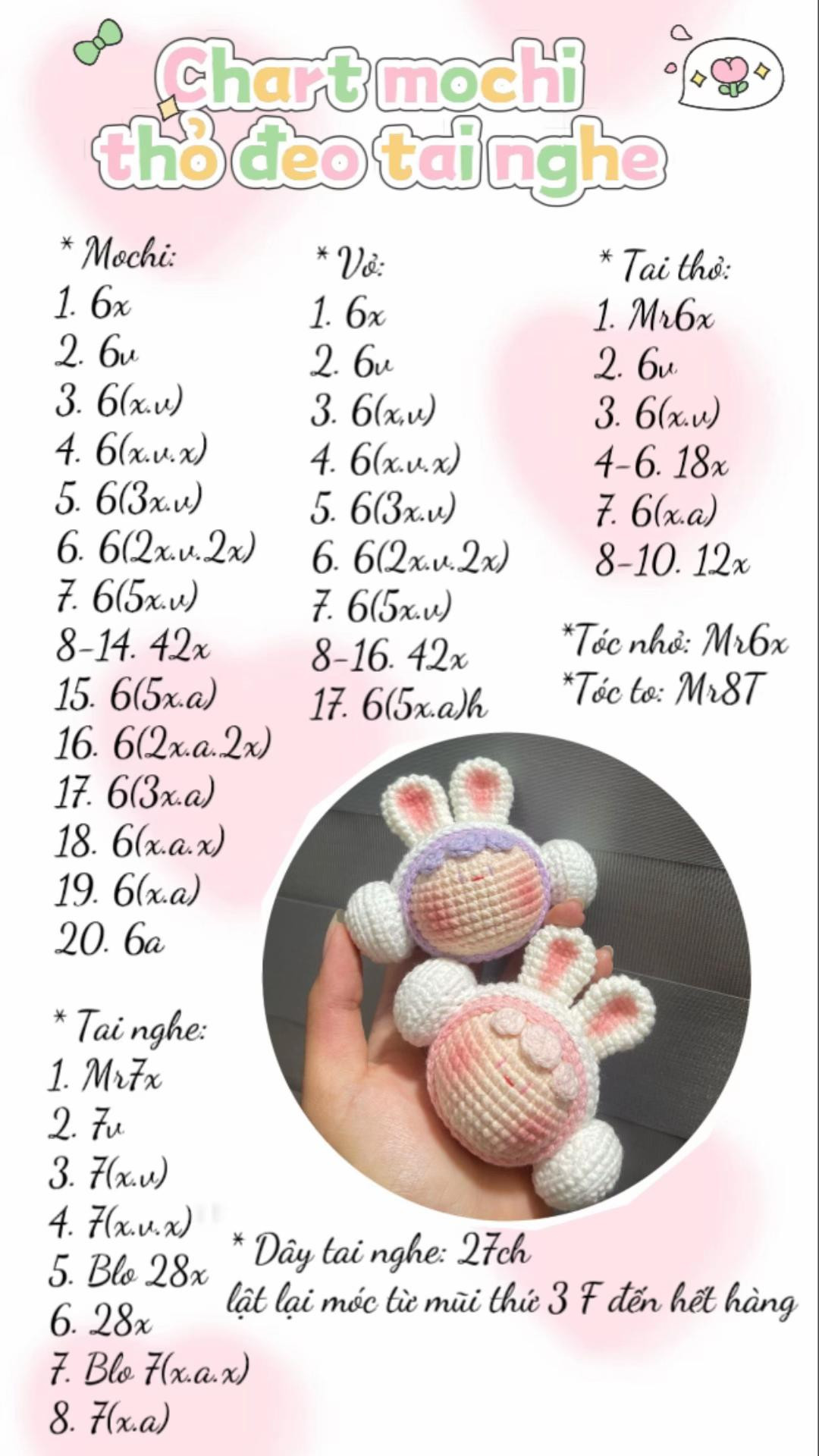 Hướng dẫn móc len thú nhồi bông thỏ đeo tai nghe dễ thương