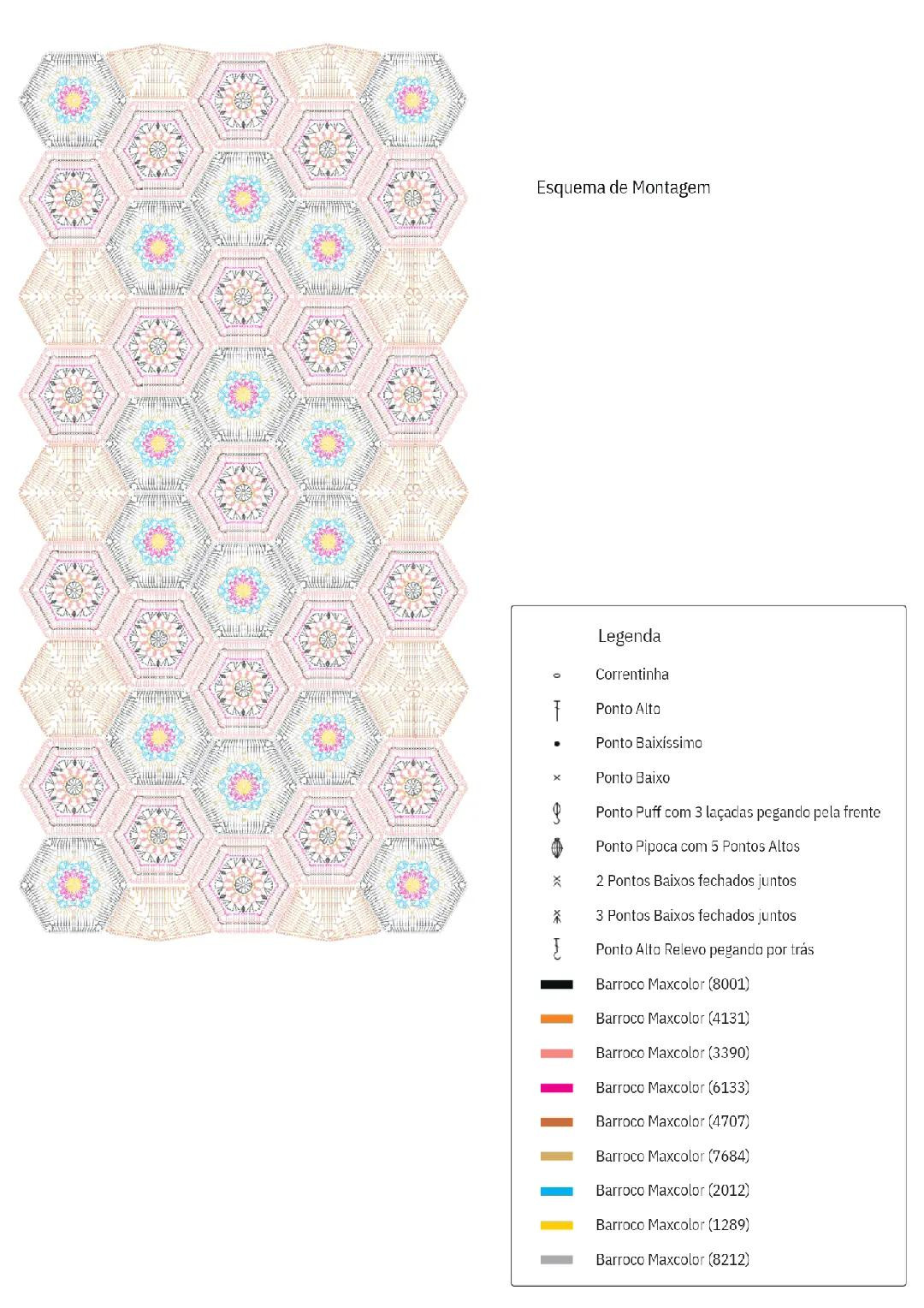 Manta de crochê hexagonal colorida com padrão de flores vibrantes