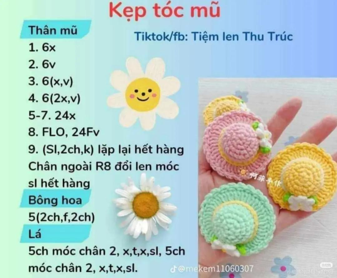 Móc len mũ nhỏ xinh với hoa trang trí