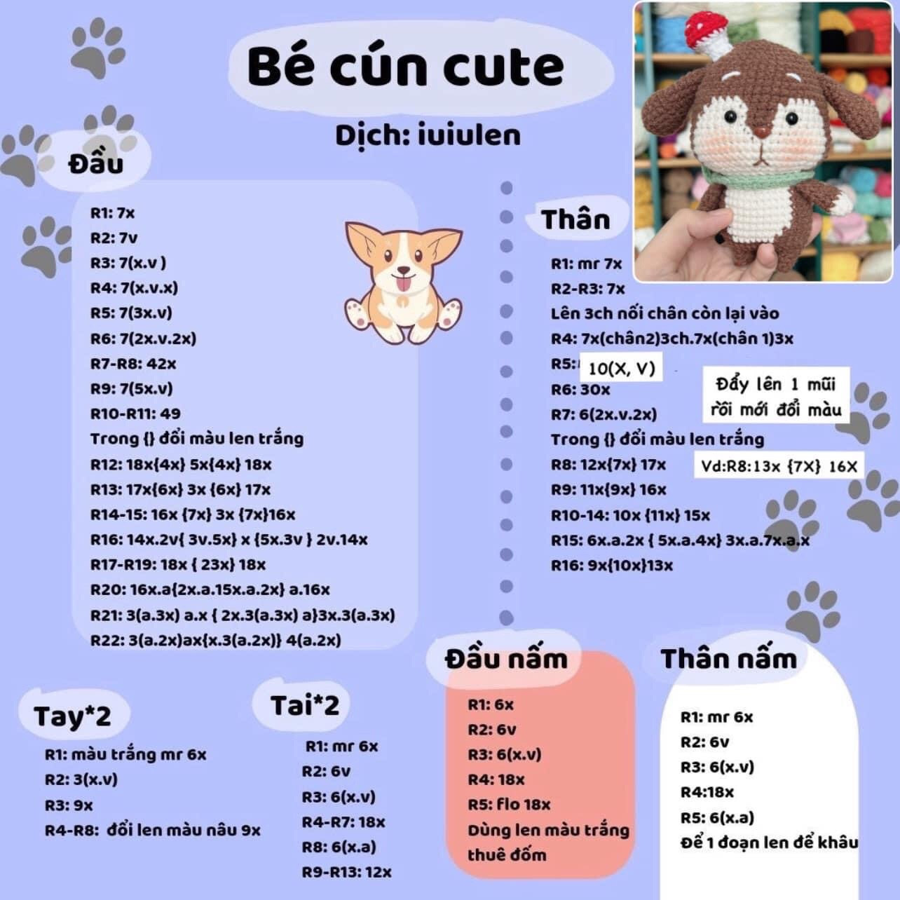 Móc len thú bông dễ thương với nấm đỏ trên đầu