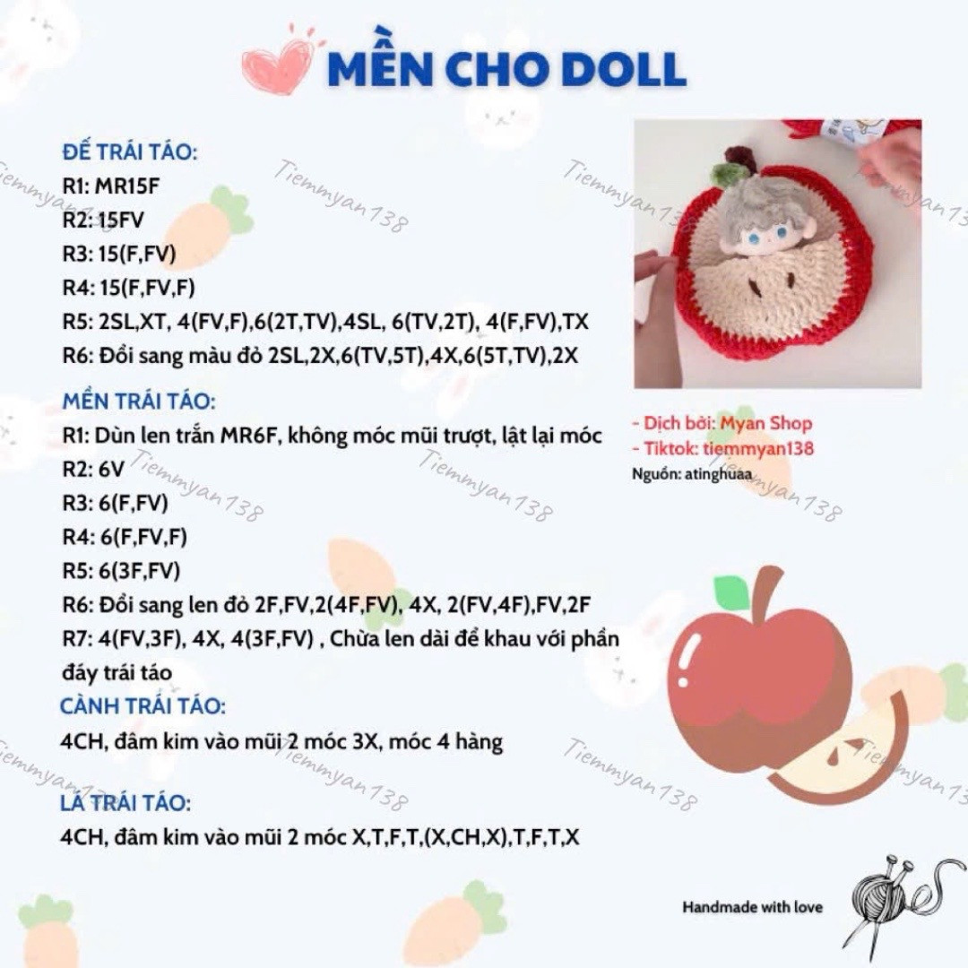 Mũ len hình quả táo dễ thương cho búp bê của bạn