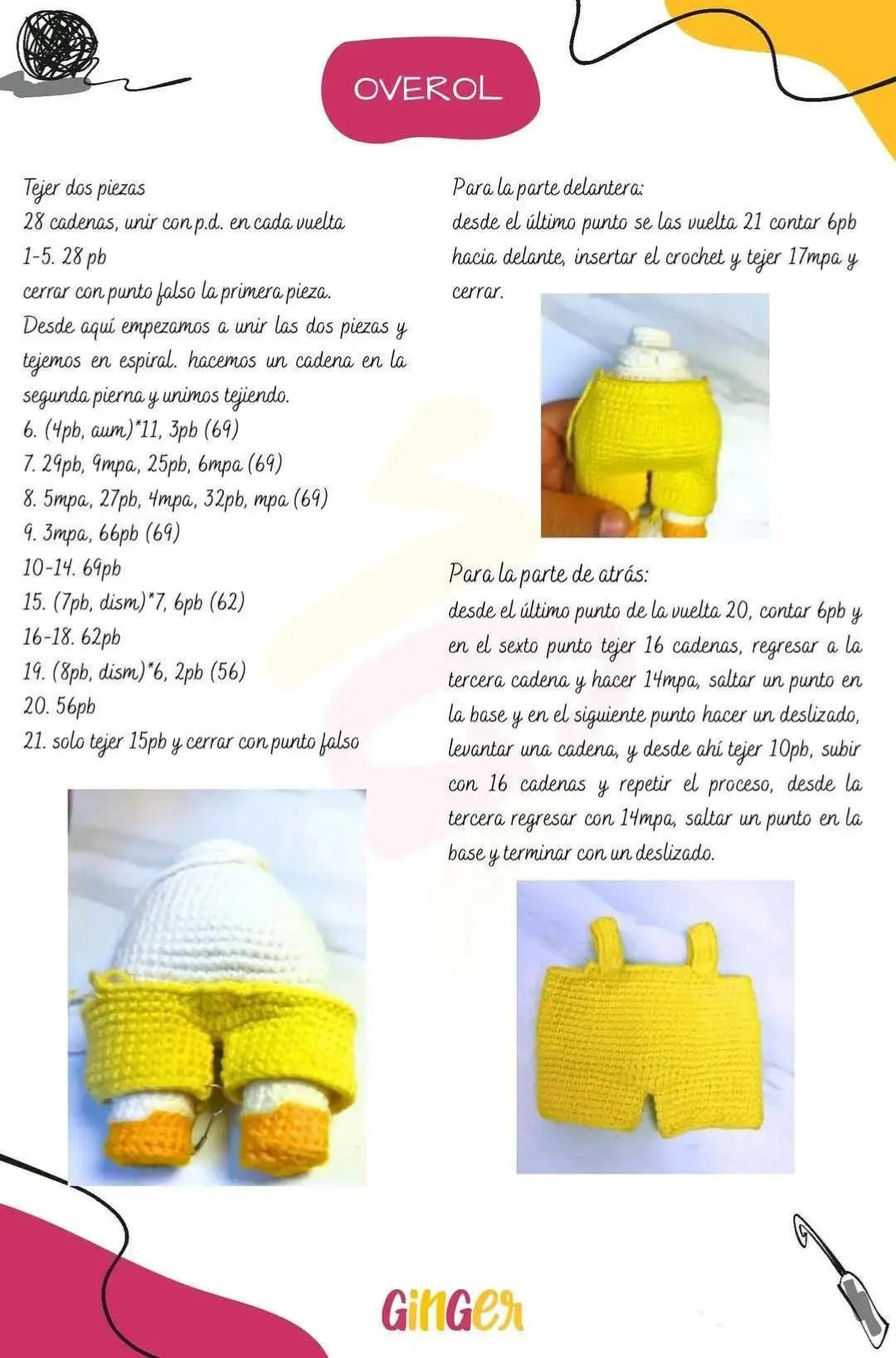 Patito con overol amarillo y bolso rosa: patrón de amigurumi