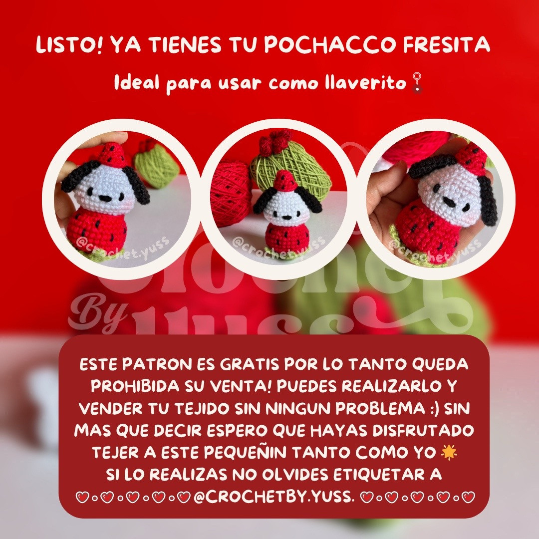 Patrón de amigurumi de Pochacco fresita, diseño adorable y gratuito