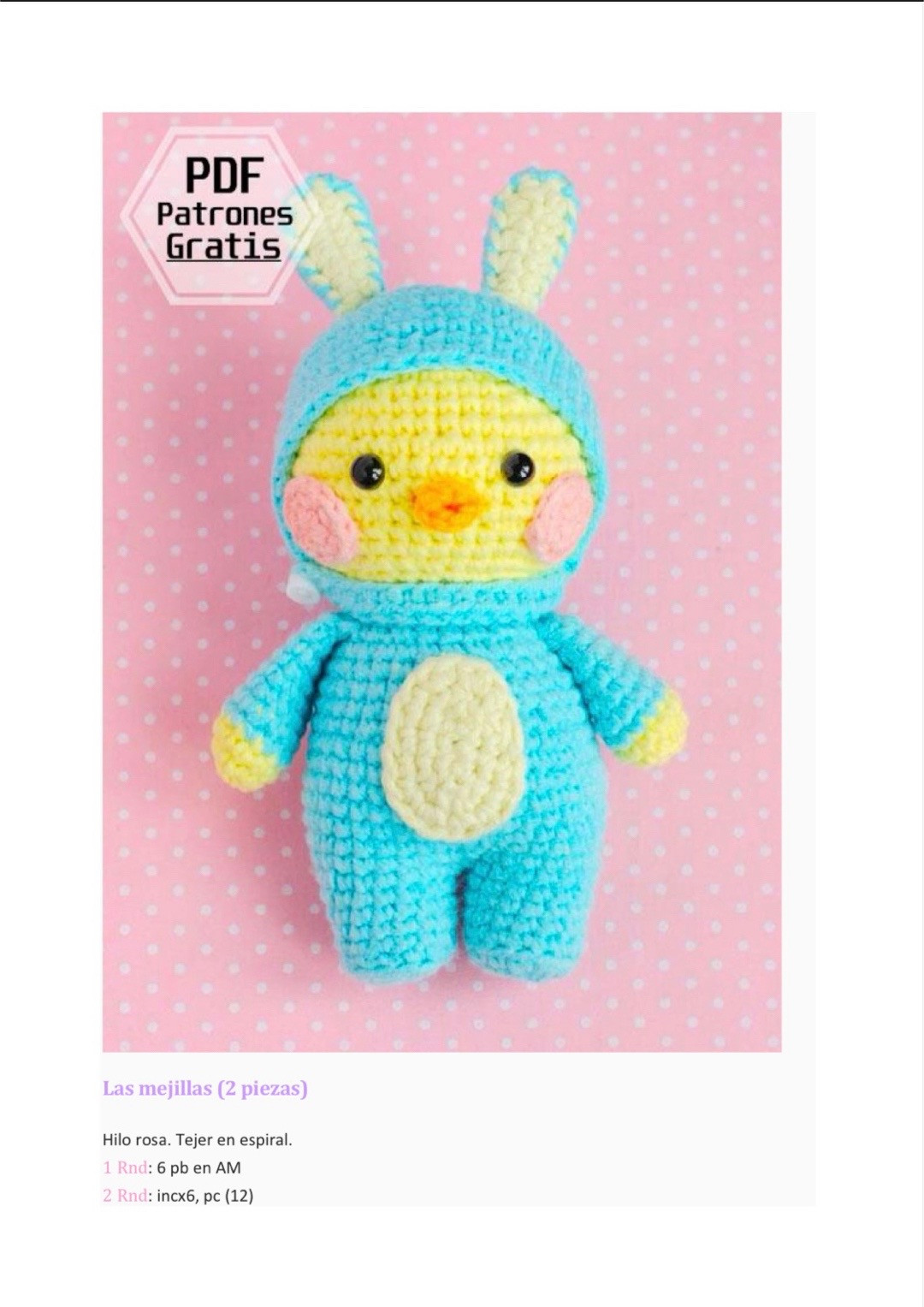 Patrón de amigurumi de pollito en traje de conejo azul